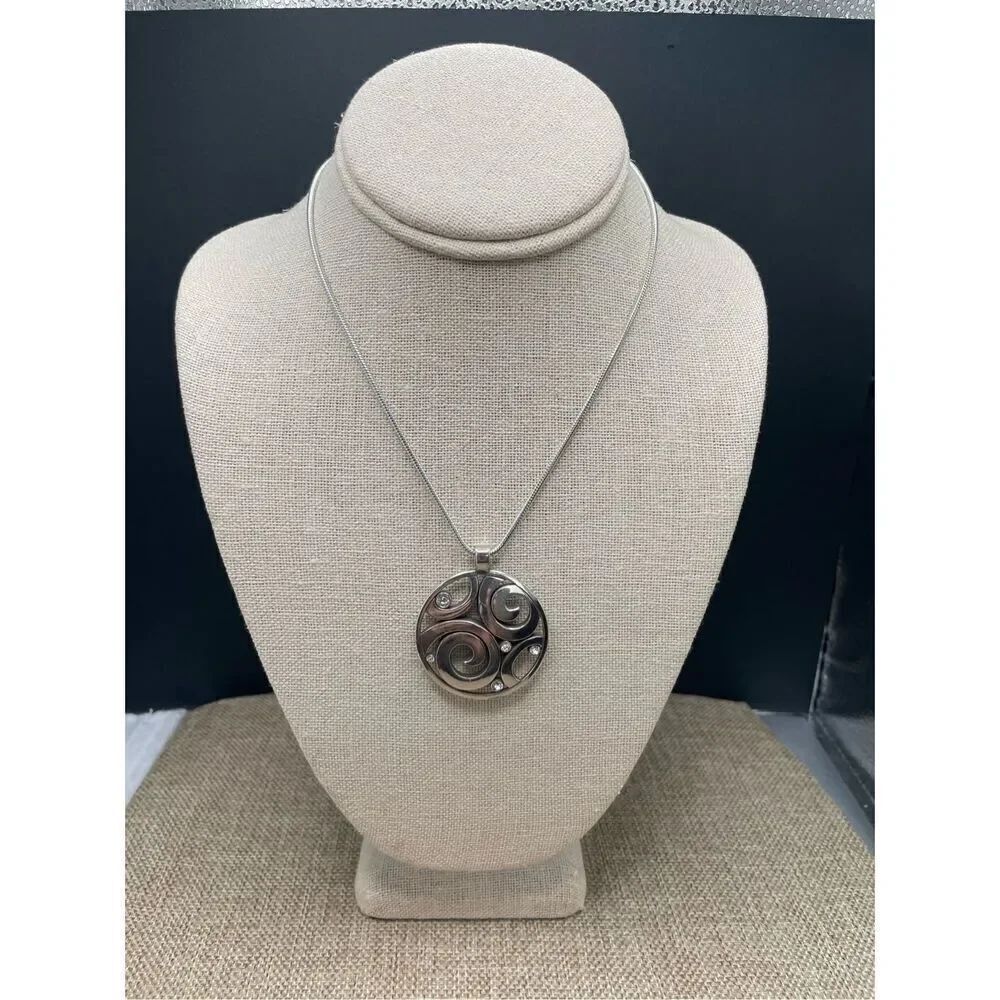 Brighton London Groove Circle Pendant Necklace Scrolled Clear Crystals 16-18"